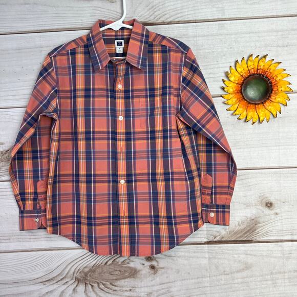 Janie and Jack Kids Plaid Button Down Shirt Salmon Blue Long Sleeve Size 5 - Picture 1 of 2